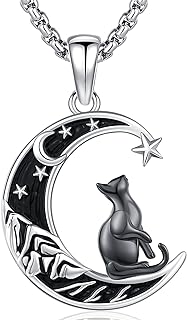 S925 Sterling Silver Cat Necklace Jewelry for Women Girls Cat Gifts for Cat Lovers Cat on the Moon Pendant Necklace