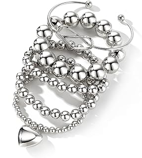 KISS WIFE 5pcs Silver Beaded Bracelets Set for Women Girls, Stackable Stretchable Elastic Heart Bead Ball Chain Bracelet Light Weight Birthday Party Christmas Women's Trendy Jewelry Gift for Her