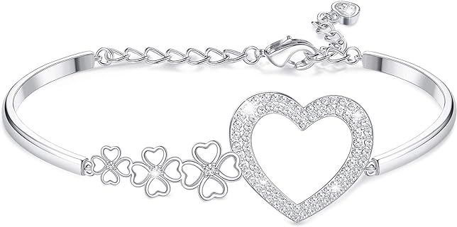 Sllaiss 18k White Gold Plated Austria Crystal Heart Bracelet for Women Four Leaf Clover Bangle Bracelet