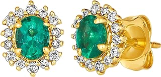 LE VIAN 1/5 Carat Diamond and 1/2 Carat Green Emerald Oval Halo Stud Earrings for Women in 14k Yellow Gold (White, cttw) 4-Prong Settings Push Back