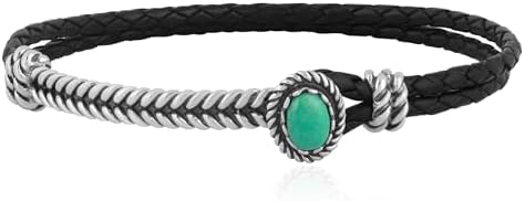 American West Genuine Turquoise Leather Cuff Bracelet with Braided Chain in Sterling Silver - Sizes Small to Large