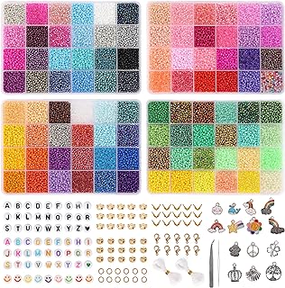 QUEFE 24000pcs 3mm Glass Beads for Jewelry Making Kit, 96 Colors Glass Seed Beads with Pendant Charms and Letter Beads for Friendship Bracelets Necklace Earring Ring Making
