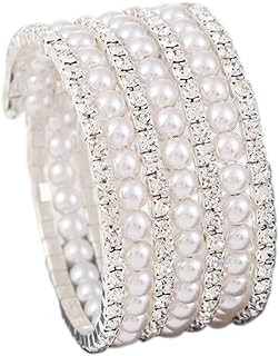 Vintage Elegance Simulated Pearl Bangle with Bead Chain and Unique Clasp - Multi Row Imitation Pearl and Alloy Bracelet