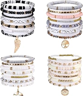 28pcs Boho Bracelets, Y2K Preppy Bracelets Clay Beads Aesthetic Handmade Charm Boho Disc Heishi Beaded Stretch Bracelet Cute Summer Beach Jewelry for Women Teen Girls