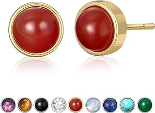 SWEETV Gemstone Stud Earrings for Women, 925 Sterling Silver Earrings for Women Girls, Round Handmade Gemstone Stud Earrings Posts 6 MM Jewelry Gift