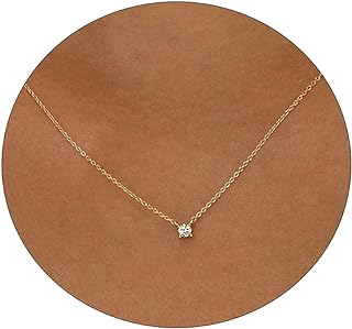 Cable Chain 14K Gold Plated Brass Single Diamond Choker Necklace for Women - Ascomy Square Cubic Zirconia Solitaire Pendant - Perfect Bridal/Bridesmaid Gift