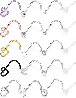 Hoeudjo 20Pcs 20G Surgical Steel Heart Nose Ring Studs Body Jewelry Piercing Retainer for Women Men CZ Inlaid 1.5MM-3.5MM