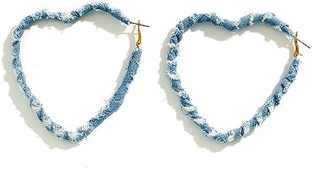 Bohemia Denim Hoop Earrings for Women Girls Cool Jeans Cloth Big Heart Hoop Earring Large Blue Hoop Earrings Simple Exaggerated Hoop Earrings Boho Statement Earrings Chic Ear Jewelry Gifts