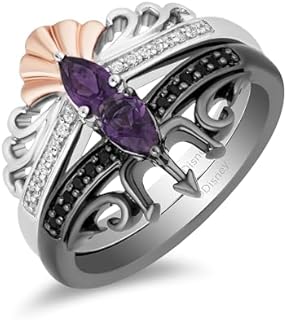 Ariel & Ursula Villains Duo Engagement Ring - 14K Rose-Gold-Plated Sterling Silver, 5x3 MM Pear Amethyst + Black & White Diamonds for Her - Enchanted Disney Fine Jewelry