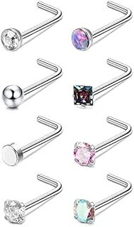 ORAZIO 8Pcs G23 Titanium Nose Ring Studs 20G L Shaped Nose Studs for Women Tiny Nose Rings Multicolored CZ Titanium Nose Stud L Shaped Simple Silver Nostril Piercing Cute Nose Piercing Jewerly for Women Men