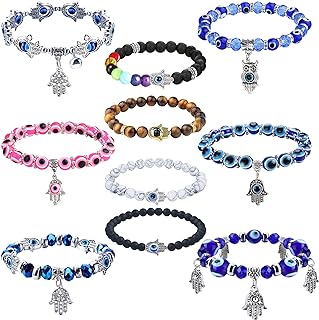 Sanfenly 10Pcs Evil Eye Bead Bracelet for Women Men Hamsa Hand Fatima Blue Eye Chakra Beaded Charm Stretch Bracelet Turkish Evil Eye Good Luck Protection Bracelet Evil Eye Jewelry Gift