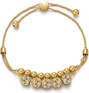14K Gold Plated Bead Bolo Bracelet with Cubic Zirconia & Double Strand Box Chain for Women - Adjustable & Elegant WOWORAMA