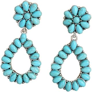 Bohemian Turquoise Geometric Oval Flower Drop Dangle Earrings Ethnic Teardrop for Women Girls Statement Cowgirl Boho Jewelry