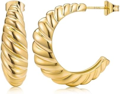 14K Gold Plated Croissant Earrings, Twisted Round Hoop Earrings Chunky Hoop Earrings 925 Sterling Silver Post Earrings Huggies with CZ for Women Girl Mother's Day Gift