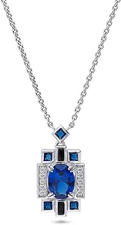 BERRICLE Sterling Silver Art Deco Simulated Blue Sapphire Cubic Zirconia CZ Pendant Necklace for Women, Rhodium Plated