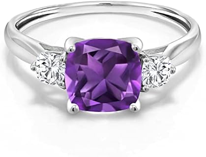 Exquisite 10K White Gold Three-Stone Amethyst and Moissanite Engagement Ring for Women by Gem Stone King