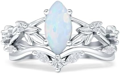 Art Deco Marquise Shaped Two Piece Vintage Style Leaf Floral Cubic Zirconia Wedding Engagement Ring Solid 925 Sterling Silver