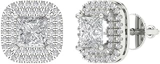 2.99 ct Princess Cut Halo Studs Genuine VVS1 Clear Simulated Diamond Solid 18K White Gold Designer Earrings Screw back