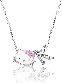 Sally Rose Hello Kitty Brass Pendant Necklace with Cubic Zirconia Letter Charm and Spring Ring Clasp - Officially Licensed 18" Cable Chain Women's Necklace