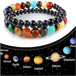 2 Pack Unisex Solar System Stone Bead Bracelet with Bead Chain - Guardian Star Galaxy Universe Design - Great Gift for Men and Women