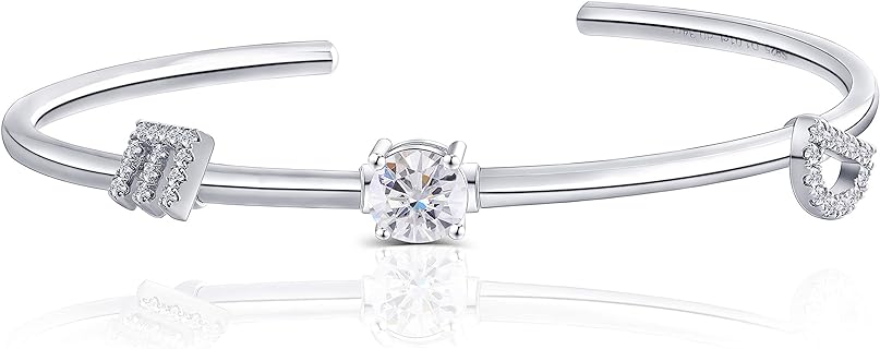 DovEggs Platinum Plated Silver 1.34ct Center 6.5mm G-H-I Color Heart Arrows Cut Moissanite Elastic Adjustable Bangle Bracelet with Accents for Women Girls