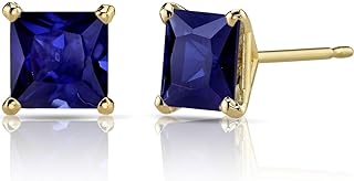 Peora 14K Yellow Gold 2.75 Carats Created Blue Sapphire Stud Earrings for Women, Classic Solitaire Princess Cut 6mm, Friction Back