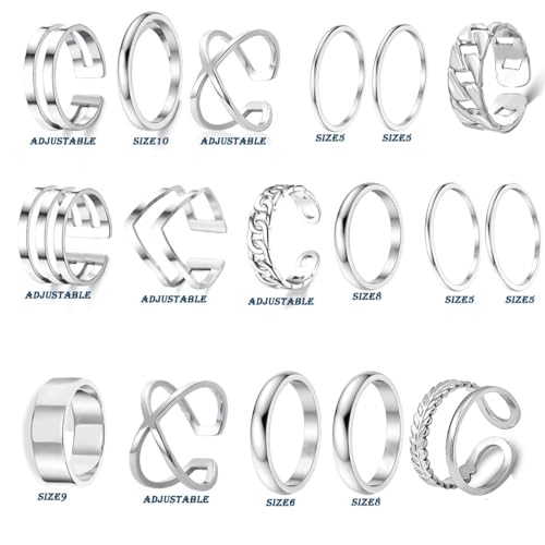 15/17 PCS Silver Knuckle Rings for Women Stainless Steel Rings Set Silver Stackable Rings Midi Ring Knuckle Rings Adjustable Knuckle Stackable Rings Midi Ring Set Silver Rings for Women Set