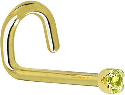 14k Yellow Gold Peridot Nose Stud for Left Nostril, 20 Gauge 6mm Screw - Prong-Set Green Gem by Body Candy USA