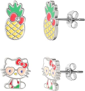 Sanrio Hello Kitty Stud Earrings for Women Official License 2-Pair Pack, Silver Flash-Plated Hello Kitty Earrings