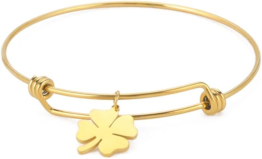 Stainless Steel Four-Leaf Clover Bangle Bracelet with Box Chain for Women and Girls