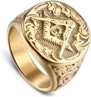 Men's Freemason Wedding Ring with Yellow Gold, No Gemstone for Men with Square/Compass Design