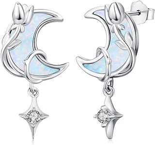 YEESIA Opal Moon Earrings, 925 Sterling Silver Studs, Floral Tulip and Celestial Star Design, Women's and Girls' Stylish Jewelry