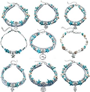 CONGYING 9pcs Blue Starfish Turtle Anklet for Women Girls Multilayer Charm Beads Sea Handmade Boho Anklet Set Bohemia Foot Jewelry (Summer Anklet)