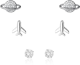 3 Pairs Small Stud Earrings for Women Girls Teens S925 Sterling Silver Post Dainty Tiny Cute Planet Airplane Statement Cubic Zirconia Cartilage Tragus Mini Studs Set Fashion CZ Jewelry Gifts Daughter Girlfriend Birthday Hypoallergenic