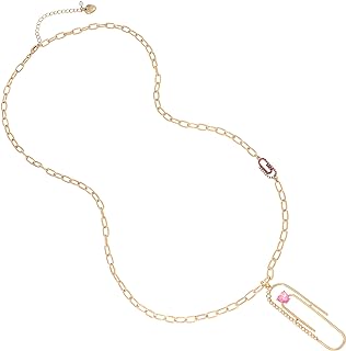 Whimsical Betsey Johnson Back to School Necklace with Link Chain and Lobster Clasp - Pink Tonal Pave Paperclip Charm with Mini Pearls and Heart Design