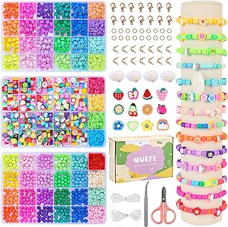 QUEFE Clay Beads Bracelet Making Kit, 3700pcs Fruit Flower Polymer Clay Beads & Flat Spherical Cylindrical Assorted Styles Clay Beads for Bracelet Making and Crafts