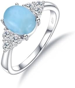 Exquisite Oval-Shaped 925 Sterling Silver Natural Larimar Ring with 7x9mm Blue Gemstone and Cubic Zirconia Detailing in Size 5