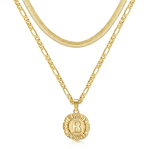 KissYan Gold Layered Initial Necklaces for Women,14K Gold Plated Layering Round Letter Pendant Figaro Snake Chain Necklace Capital Monogram Alhpabets from A-Z Dainty Jewelry Gifts for Teen Girls