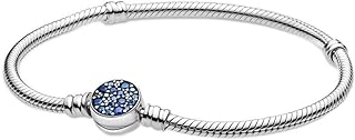 Pandora Moments Sparkling Blue Disc Clasp Snake Chain Bracelet - Features the Iconic Snake Chain - Charm Bracelet for Women - Sterling Silver with Sparkling Blue Crystal - 7.1"