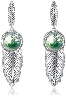Feather Earrings for Women with 10mm Round Moss Agate/Labradorite/Moonstone/Mother of Pearl 925 Sterling Silver Dangle Earrings Lever Back Drop Earrings Jewelry Gifts for Her