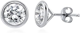 7mm Push Back Sterling Silver BERRICLE Stud Earrings with Cubic Zirconia Gems for Unisex, Round Solitaire Bezelled Design