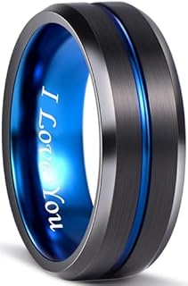 Mens Wedding Band Tungsten Rings for Men 8mm Black Brushed Finish Blue Red Gold Groove Centre Comfort Fit Multi Size Engraved I Love You