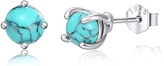 925 Sterling Silver Turquoise Stud Earrings with Stick-On Back Finding for Women - Round Shape, Trendy Threader Earring Design