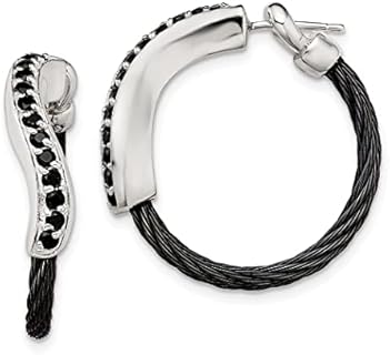 27mm Edward Mirell Black Titanium Cable and 925 Sterling Silver Polished Omega back With Black Spinel Hoop Earrings Measures 27x27mm Wide 3mm Thick Jewelry for Women