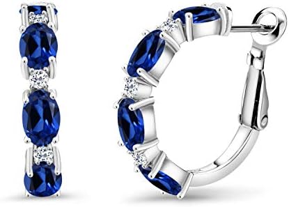 Sterling Silver Lever Back Blue Created Sapphire & White Topaz Hoop Earrings for Women - Elegant Oval 6x4MM Design by Gem Stone King