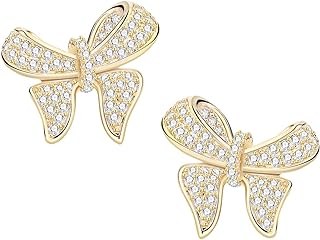 Sparkly Cubic Zirconia-Encrusted Bow Earrings for Women - Dainty Gold & WhiteGold Bow Knot Stud Design with Secure Push Back Clasp