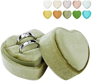 Vacfulliven High-Quality Velvet Heart-Shaped Engagement Ring Box, Vintage French Style Organizer for Men and Women with Dual Ring Slots - Olive Green