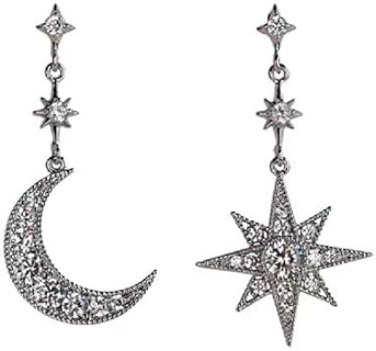 KaFu Gold Moon Star Asymmetrical Drop Earrings Sliver Sun Crystal Dangle Earrings with Rhinestone For Women Girls