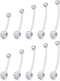 MODRSA Durable Stainless Steel Pregnancy Belly Button Rings, 38mm Long Bar, Flexible Bioplast, Clear Navel, Sports & Maternity Friendly, Value Mix-Design Pack