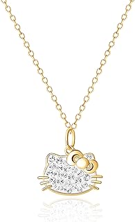 Hello Kitty Sanrio Womens Pendant Necklace with Crystals - 18kt Flash Plated Sterling Silver Necklace - Officially Licensed